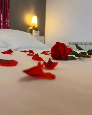 a pile of red rose petals on a bed at Hotel La Casa Del Abuelo in Tapia de Casariego