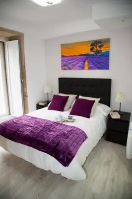 a bedroom with a large bed with purple blankets and pillows at Xavestre Rooms Santiago in Santiago de Compostela
