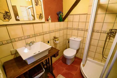 a bathroom with a toilet and a sink and a shower at Casa do Eiró in Lago de Carucedo