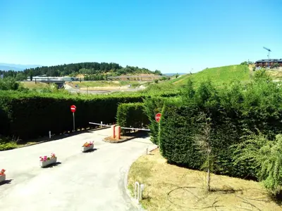 a driveway with bushes and flowers on a hill at Motel Acropolis in Camponaraya