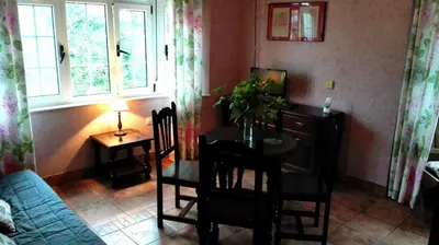 a living room with a table and chairs and a couch at Apartamentos Los Balcones in Tineo