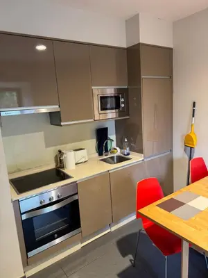 a kitchen with stainless steel appliances and a wooden table at Apartamentos Rurales Los Mazos in Boal
