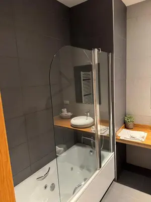 a bathroom with a shower and a sink at Apartamentos Rurales Los Mazos in Boal
