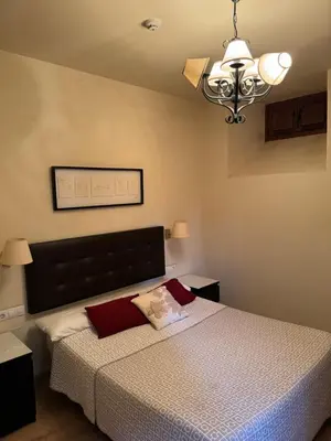 a bedroom with a bed and a chandelier at Apartamentos Rurales Los Mazos in Boal