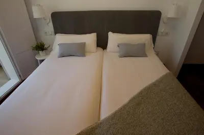 two beds in a small room with two pillows at Pensión O Xardin de Julia in Santiago de Compostela