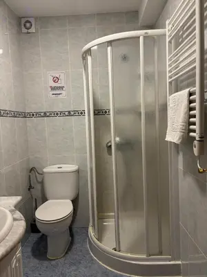 a bathroom with a shower with a toilet and a sink at Pension Via-Stella in Santiago de Compostela