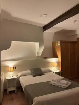 a bedroom with a bed and two lamps on two tables at Pension Via-Stella in Santiago de Compostela