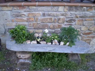 a stone planter with flowers in a stone wall at Casa rural el Molino del Botero in Coso