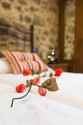 a white bed with red flowers on top of it at Casa Carla in Palas de Rei