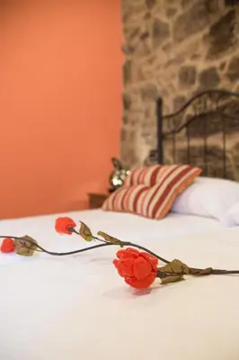 a bed with two roses on it at Casa Carla in Palas de Rei