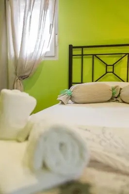 a bedroom with a bed with a green wall at Casa Carla in Palas de Rei