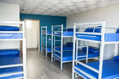 a group of bunk beds in a room with blue walls at De Camino in Arzúa