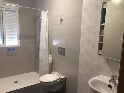 a bathroom with a shower and a toilet and a sink at A Fontana de Luxo Apartamentos in Portomarin