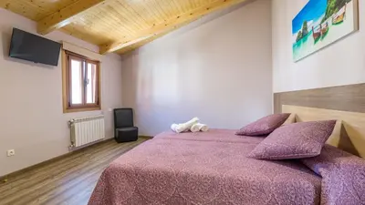 a bedroom with a purple bed and a television at Pensión Pereiro in Melide