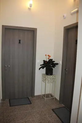 a hallway with two doors and a table with a potted plant at Santa Cruz in Ribadeo