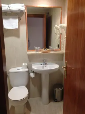 a bathroom with a toilet and a sink and a mirror at Hotel Los Templarios in Ponferrada