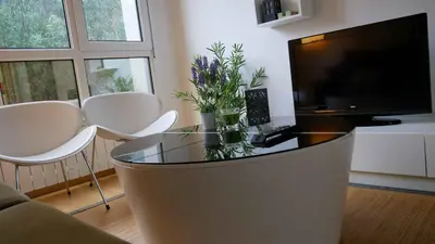 a living room with a tv and a glass table at Apartamentos Antares 1 in Milladoiro