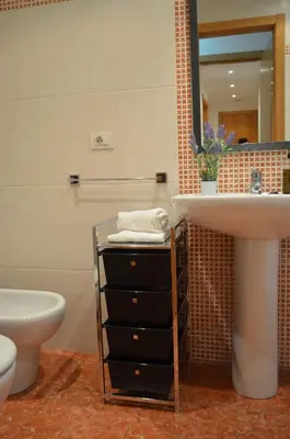 a bathroom with a sink and a toilet and a mirror at Apartamentos Antares 1 in Milladoiro