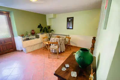 a living room with a table and a green vase at La Casa Antollosdocesar in Baralla