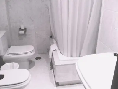 a bathroom with a toilet and a shower curtain at Hotel Ramos in Silleda