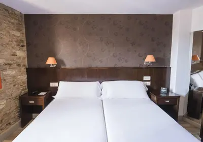 a bedroom with a bed with two lamps on the wall at Hotel Alda Algalia in Santiago de Compostela