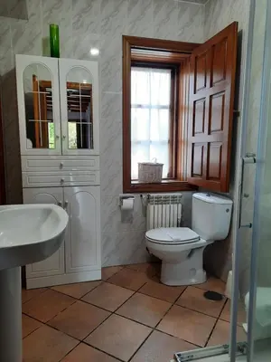 a bathroom with a toilet and a sink and a window at Casa Viduedo in Santa Eulalia de Oscos