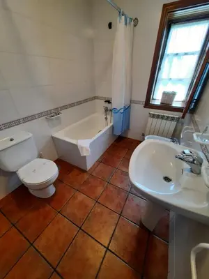 a bathroom with a toilet and a tub and a sink at Casa Viduedo in Santa Eulalia de Oscos