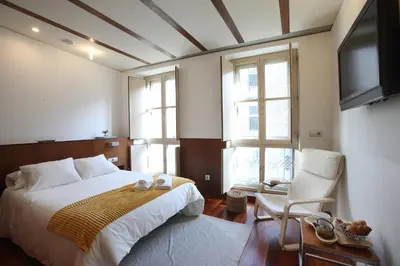 a bedroom with a bed and a tv and a chair at Hotel Santa Clara in Santiago de Compostela