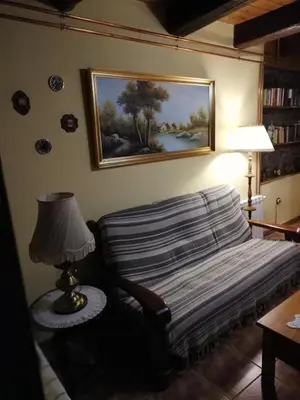 a bedroom with a bed with a lamp and a painting at Casa Bell in Manzanedo de Valdueza
