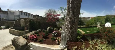a garden with flowers in front of a tree at A Fonte das Hortas Residencial in Santiago de Compostela