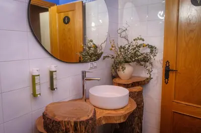 a bathroom with a sink and a mirror and a counter at Casa Grande do Soxal in Cesuras