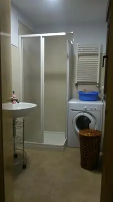 a bathroom with a washing machine and a sink at Apartamento con balcón in Viveiro