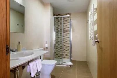 a bathroom with a toilet and a sink and a shower at Albergue Pensión Cima do Lugar in Arzúa