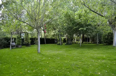 a green yard with trees and a swing set at Pazo de Monterrei in Ourense