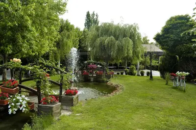 a fountain in the middle of a garden with flowers at Pazo de Monterrei in Ourense