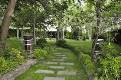 a path through a garden with trees and grass at Pazo de Monterrei in Ourense