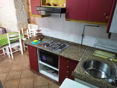 a kitchen with a sink and a stove top oven at Apartamentos Turísticos Casa dos Pulidos in Olás de Villariño