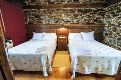 two twin beds in a room with a brick wall at Apartamentos Rurales Casa Riveras in Santa Eulalia de Oscos