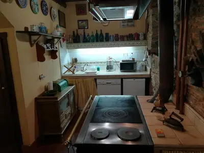 a stove in a room with a stone wall at Las 3 Negrillas in Toral de Merayo