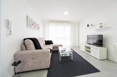 a living room with a couch and a tv at Rueiro 17 in A Coruña
