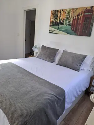 a bedroom with a large white bed with gray pillows at Apartamentos Pombal in Santiago de Compostela