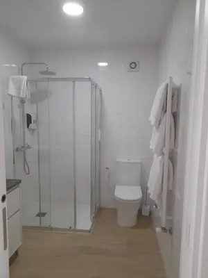 a white bathroom with a shower and a toilet at Apartamentos Pombal in Santiago de Compostela