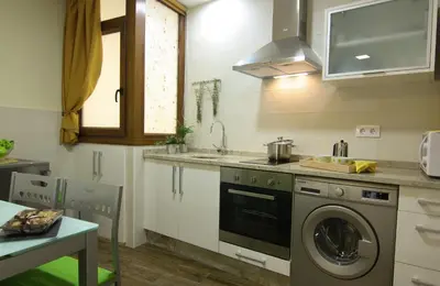 a kitchen with a washing machine and a sink at Casa Do Medio in Santiago de Compostela