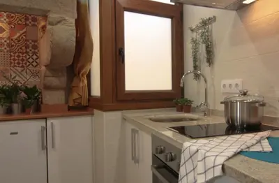a kitchen with a sink and a counter top at Casa Do Medio in Santiago de Compostela