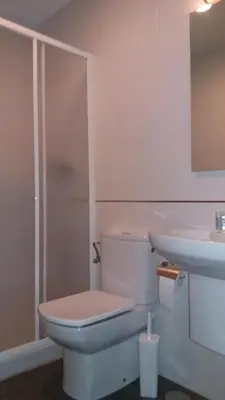 a white bathroom with a toilet and a sink at Pension Restaurante La Bombilla in A Estrada