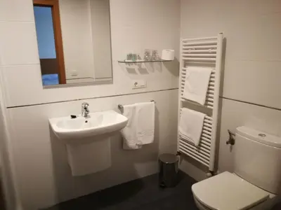 a bathroom with a sink and a toilet and a mirror at Pension Restaurante La Bombilla in A Estrada