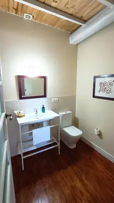 a bathroom with a sink and a toilet and a mirror at Hostal Camponaraya in Camponaraya