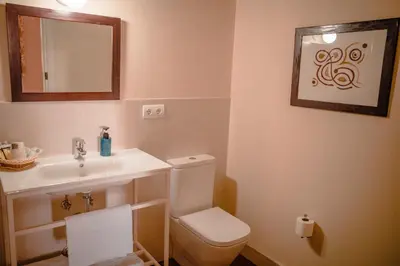 a bathroom with a sink and a toilet and a mirror at Hostal Camponaraya in Camponaraya