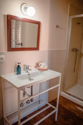 a bathroom with a sink and a mirror and a shower at Hostal Camponaraya in Camponaraya