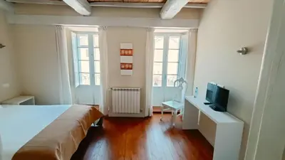 a bedroom with a bed and a desk and a television at Hostal Camponaraya in Camponaraya